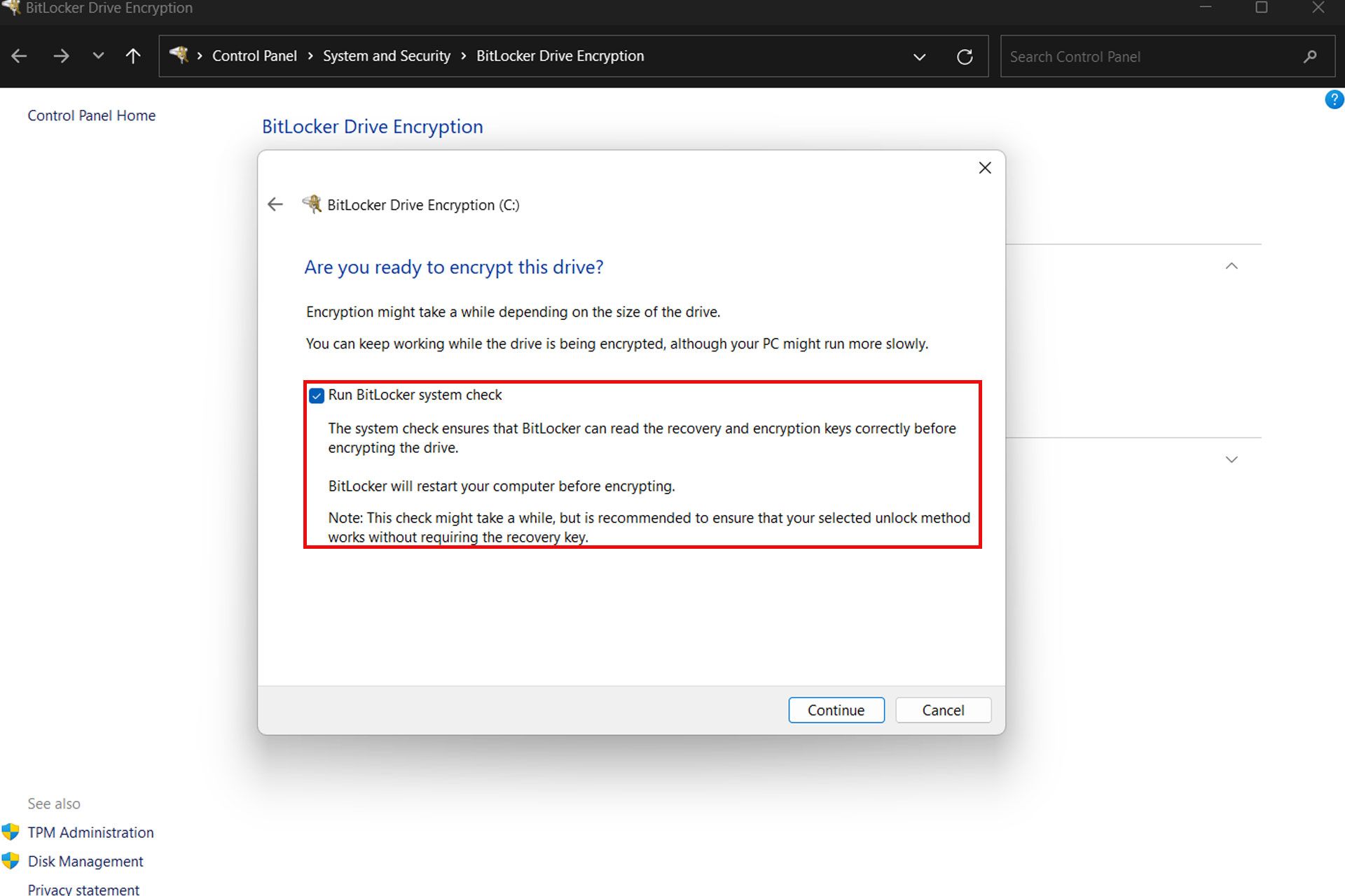 پنجره BitLocker Drive Encription
