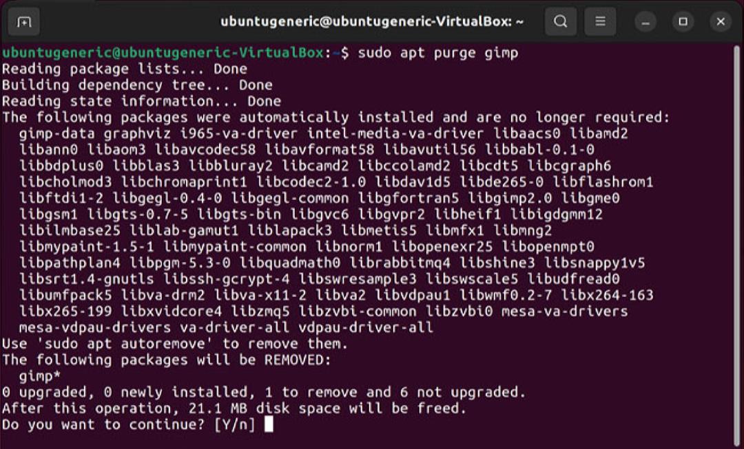 اجرای دستور sudo apt purge برای حذف GIMP در ترمینال لینوکس
