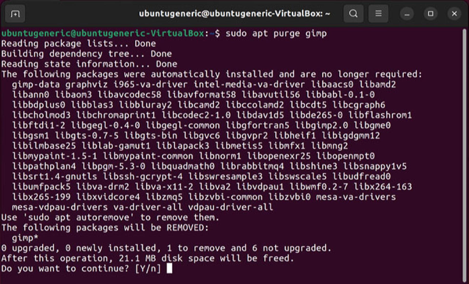 اجرای دستور sudo apt purge برای حذف GIMP در ترمینال لینوکس