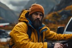 مردی با کاپشن زرد در کوهستان