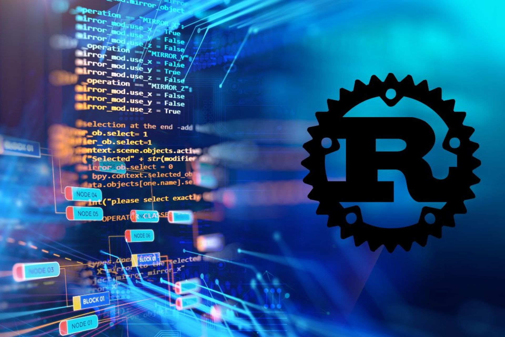 لوگو زبان Rust در کنار کدها