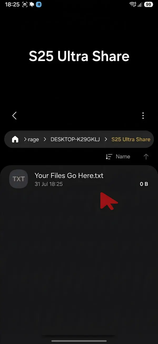پوشه S25 Ultra Share در مدیریت فایل اندروید حاوی یک فایل متنی