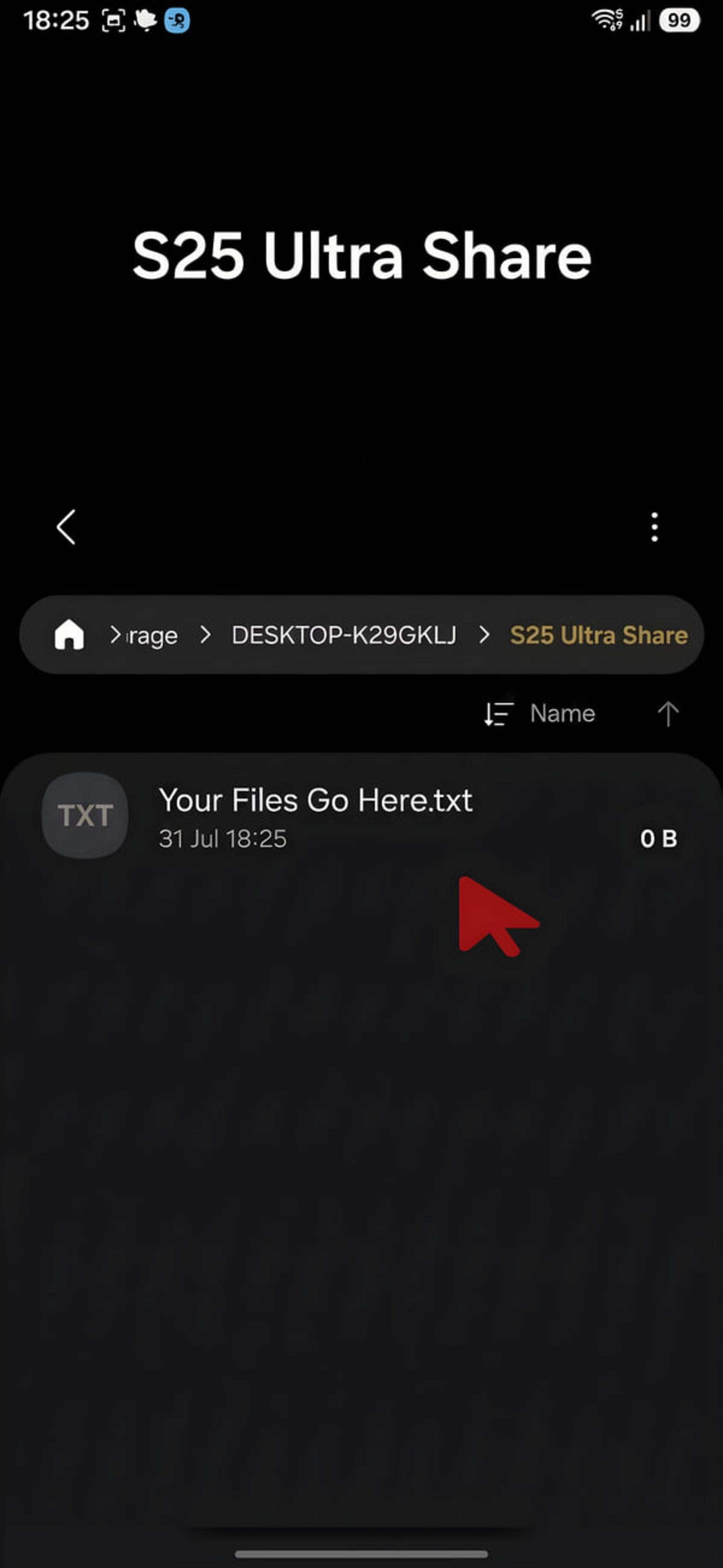 پوشه S25 Ultra Share در مدیریت فایل اندروید حاوی یک فایل متنی