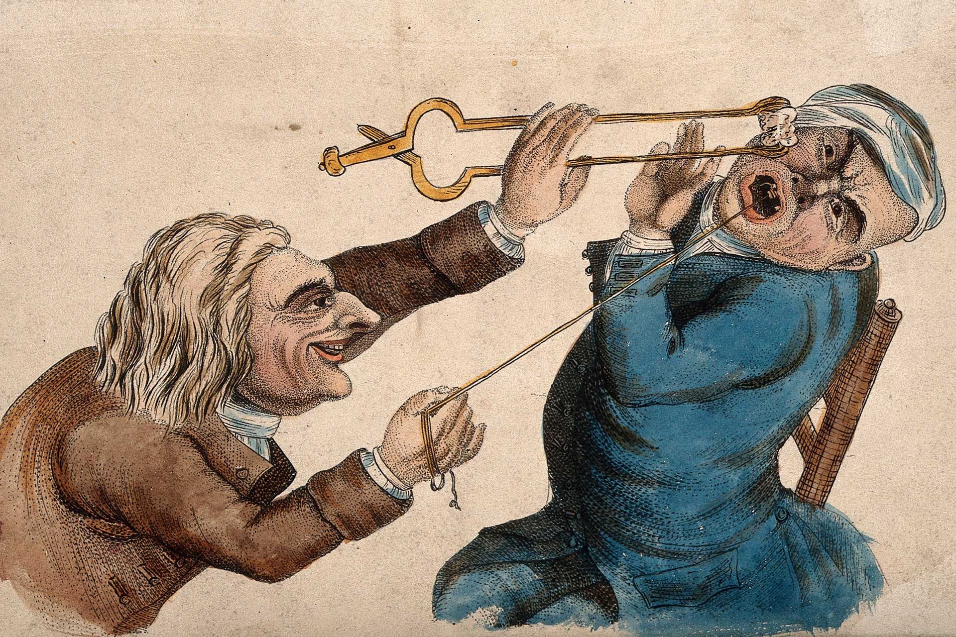 پزشک سادیست درحال کشیدن دندان از دهان بیمار وحشت‌زده