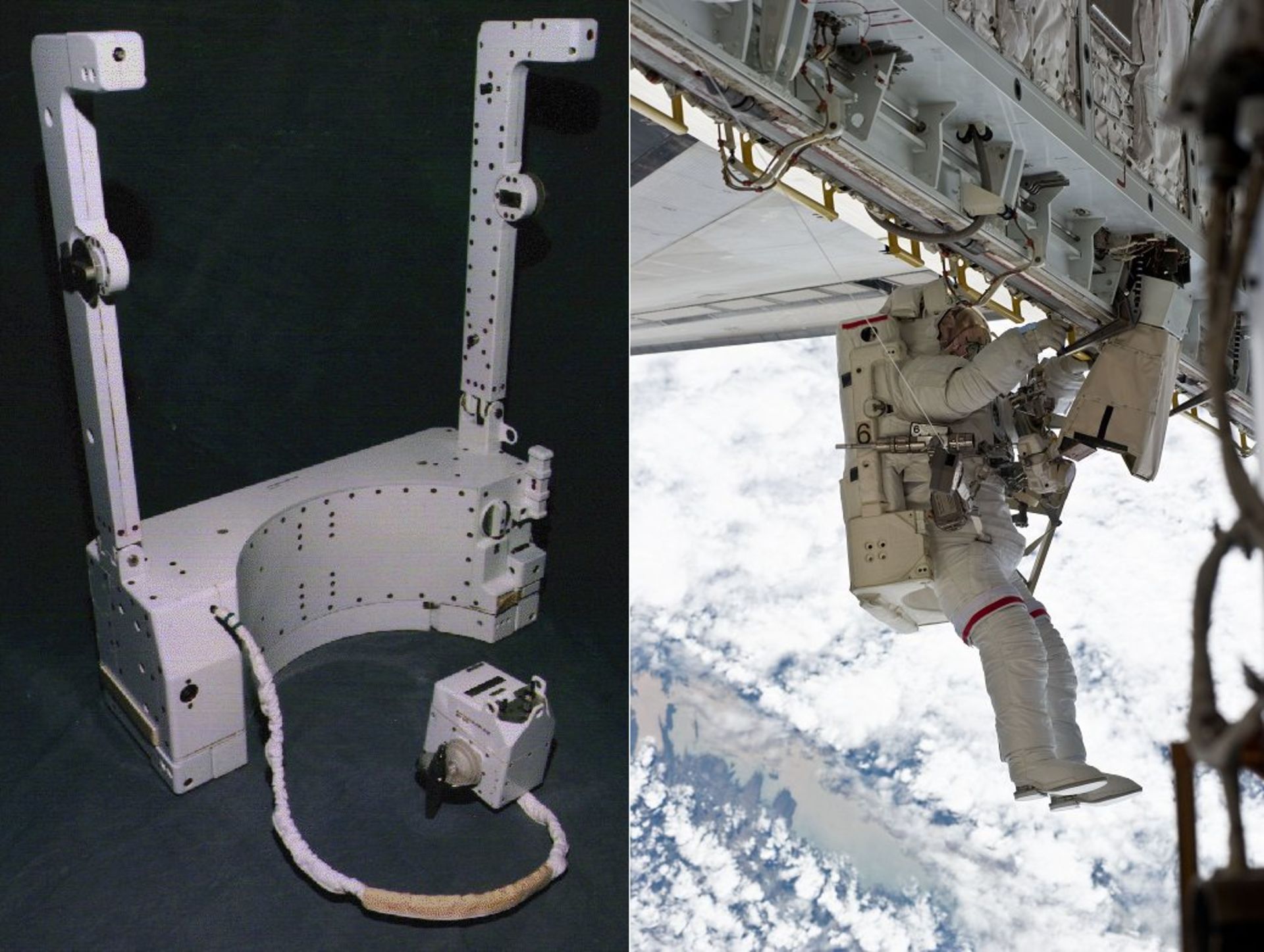 سامانه SAFER (سمت چپ) و فضانورد ناسا برفراز زمین (راست)