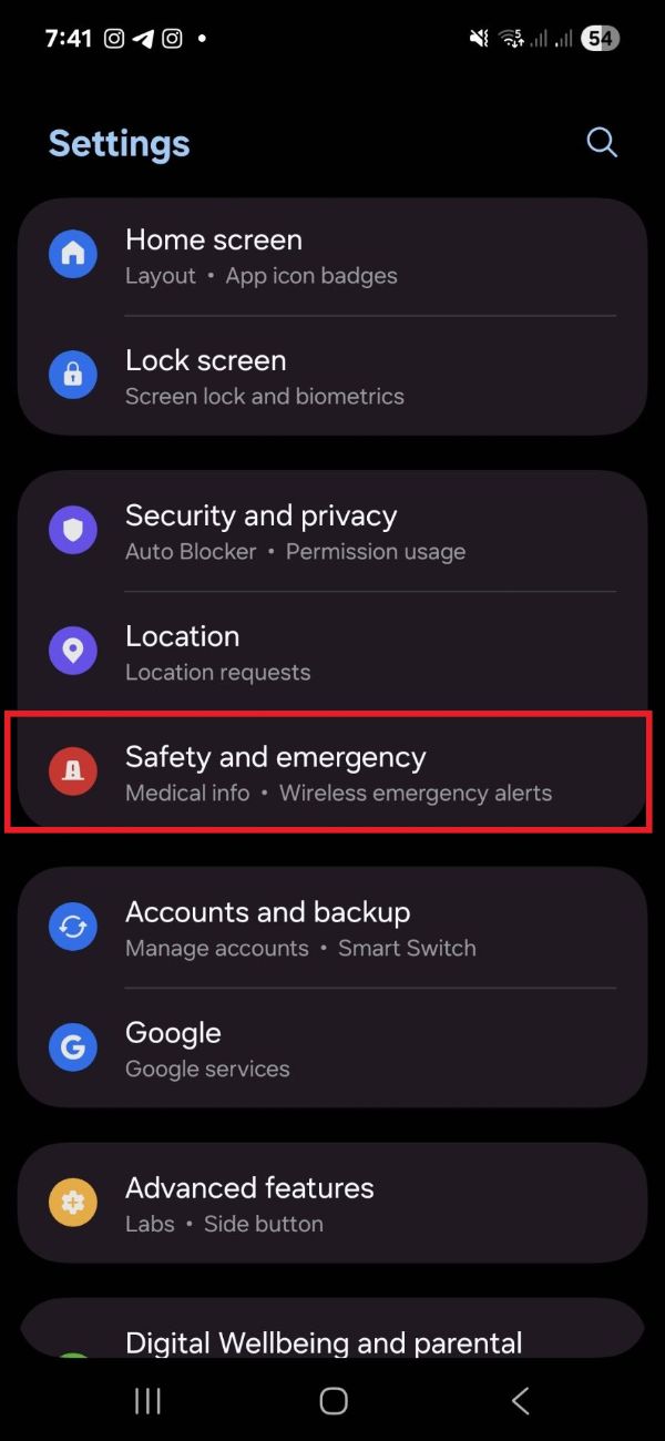گزینه‌ی safety and emergency