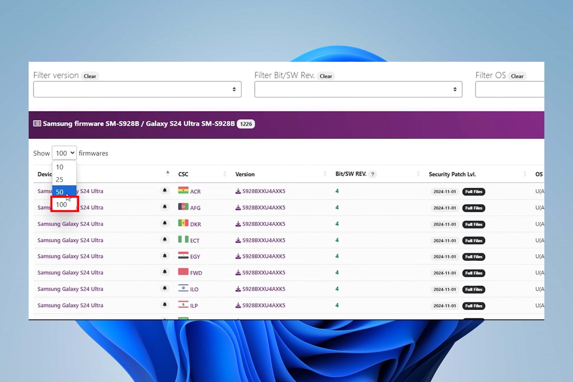 ثبت نمایش داده شدن ۱۰۰ ایتم در لیست فریم ور ها در وبسایت samfw