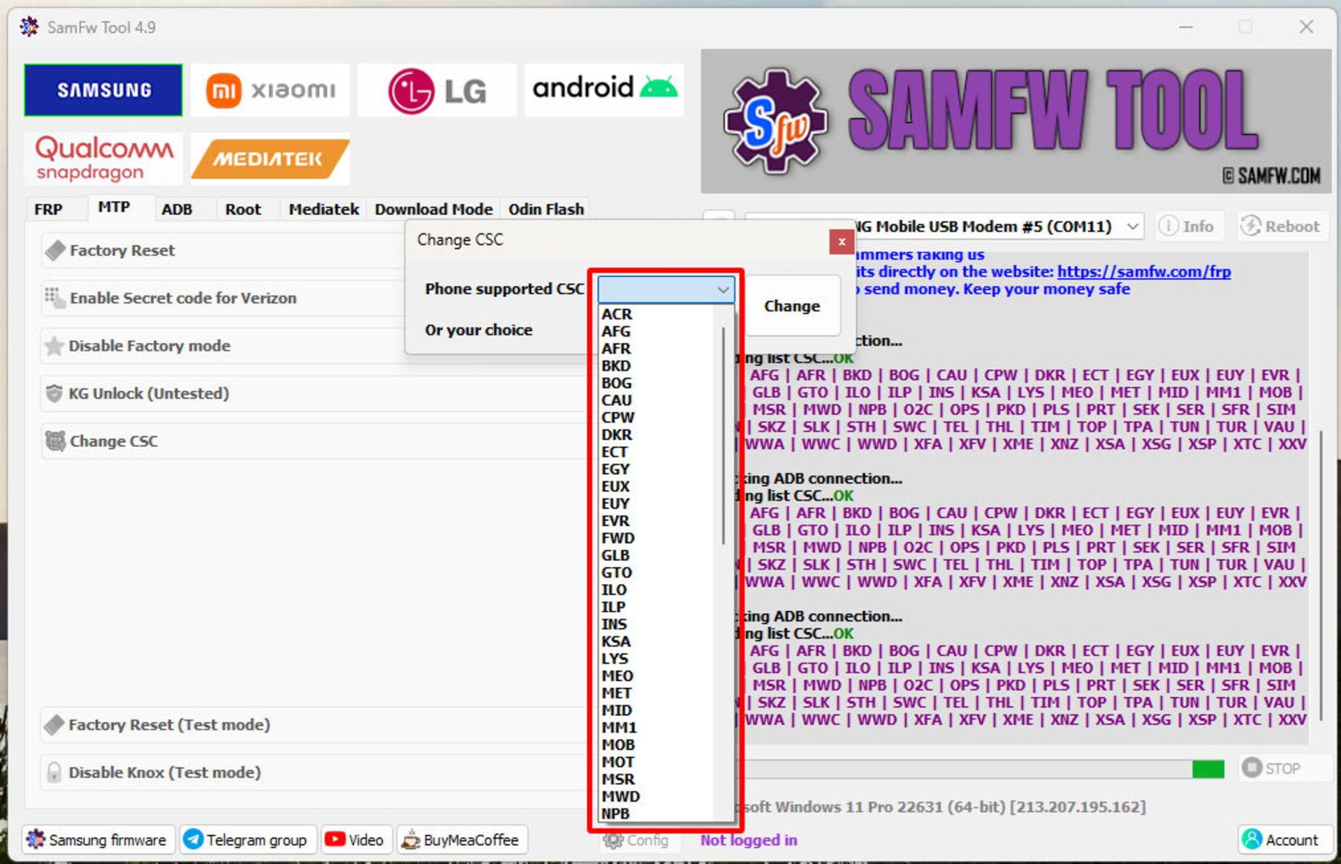 لیست CSC ها در SamFw Tool