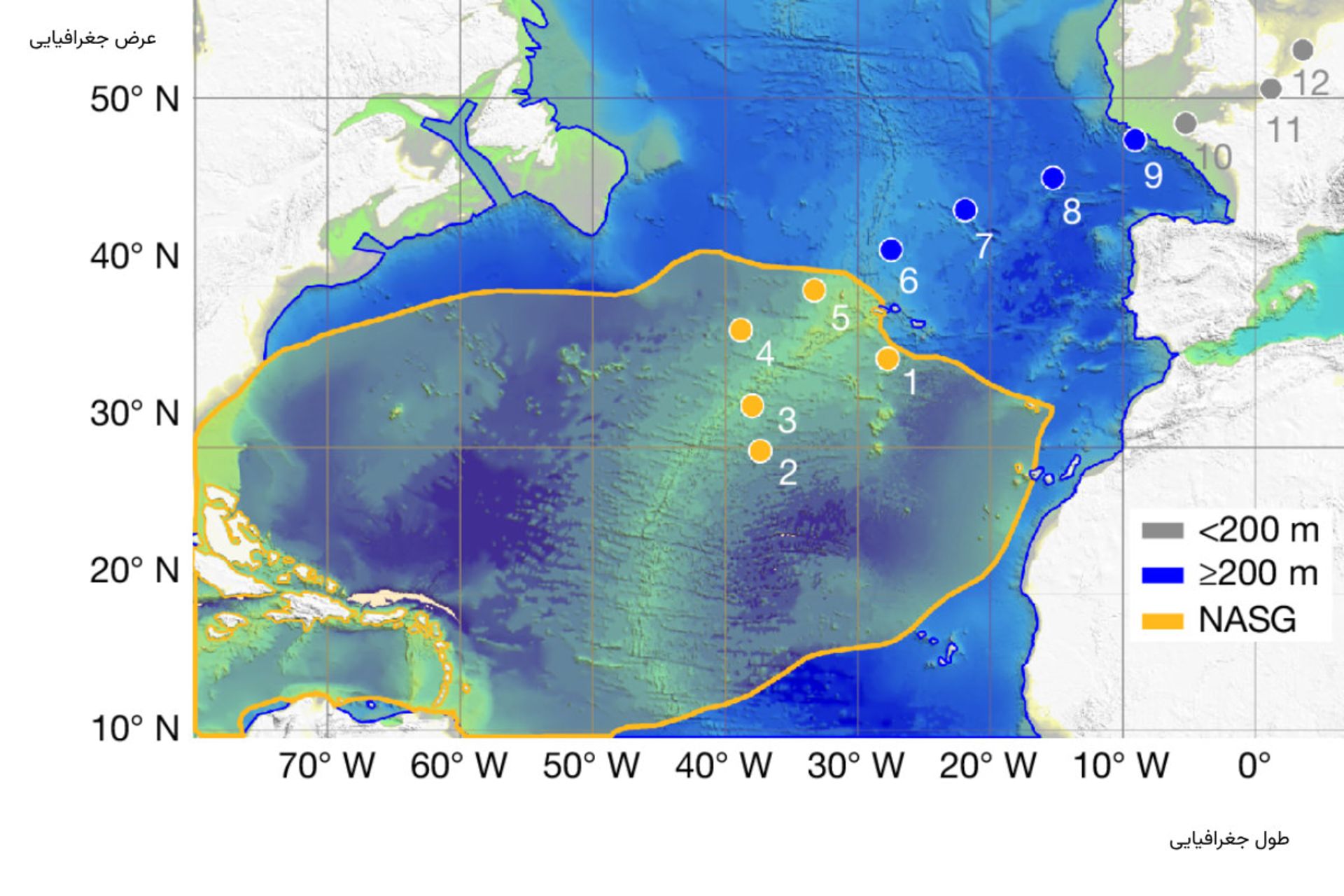 اینفوگراف ۱۲ سایت نمونه پژوهش آلودگی نانوپلاستیکی آب در اقیانوس اطلس