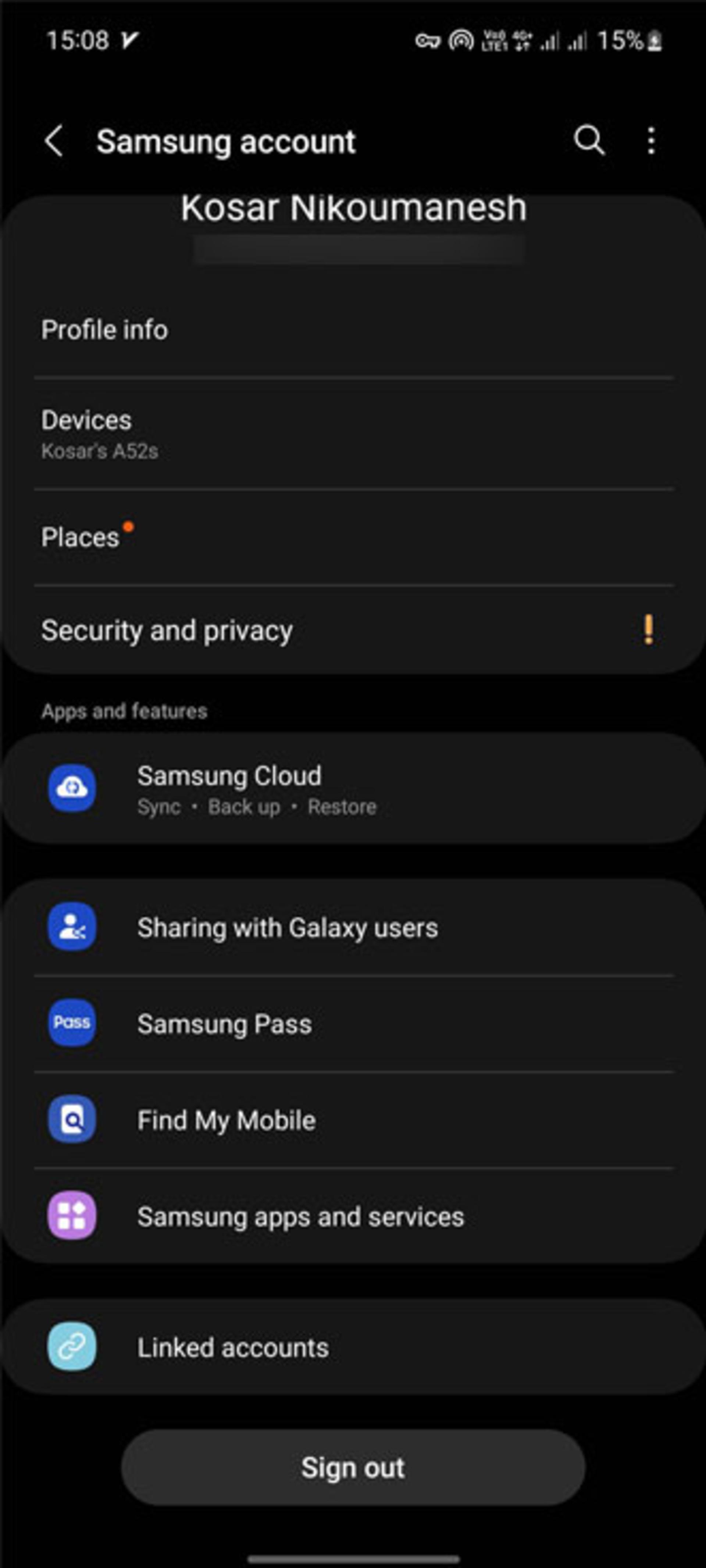 تنظیمات Samsung account