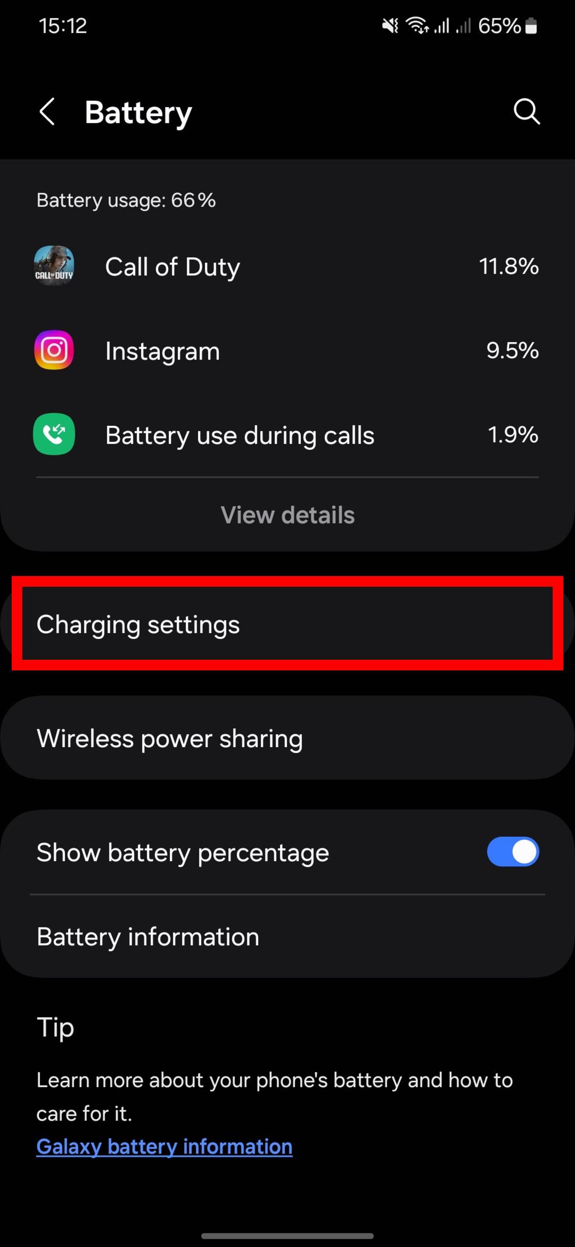 Samsung phone battery option