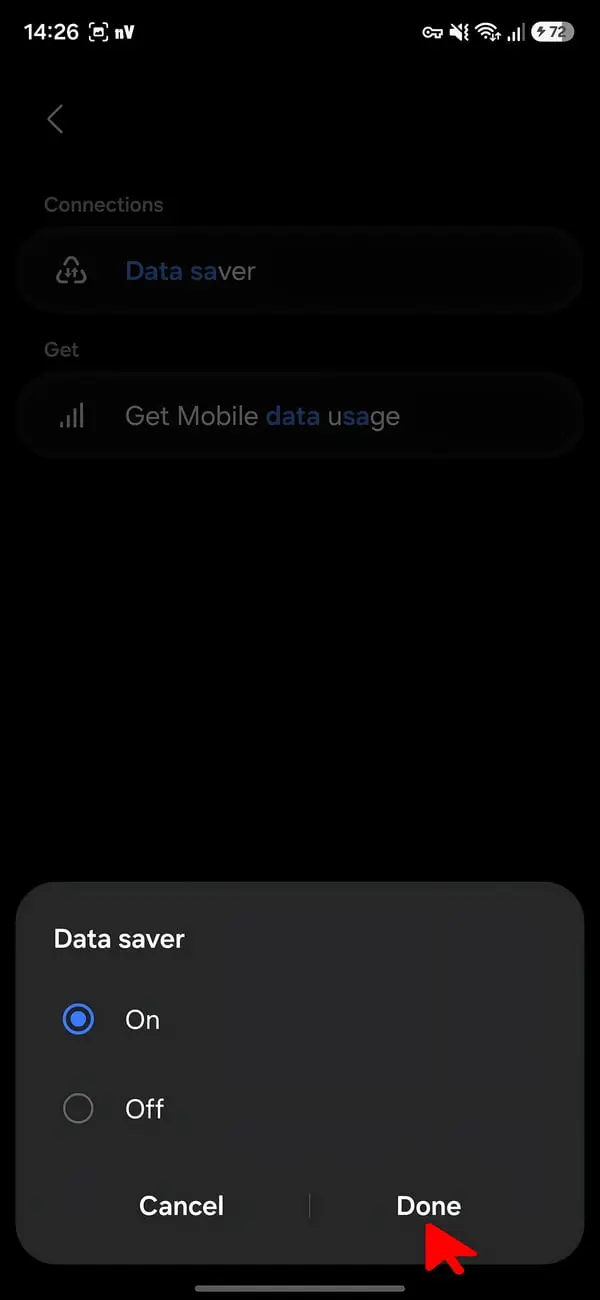 منوی فعال‌سازی حالت Data saver (ذخیره داده) در گوشی سامسونگ