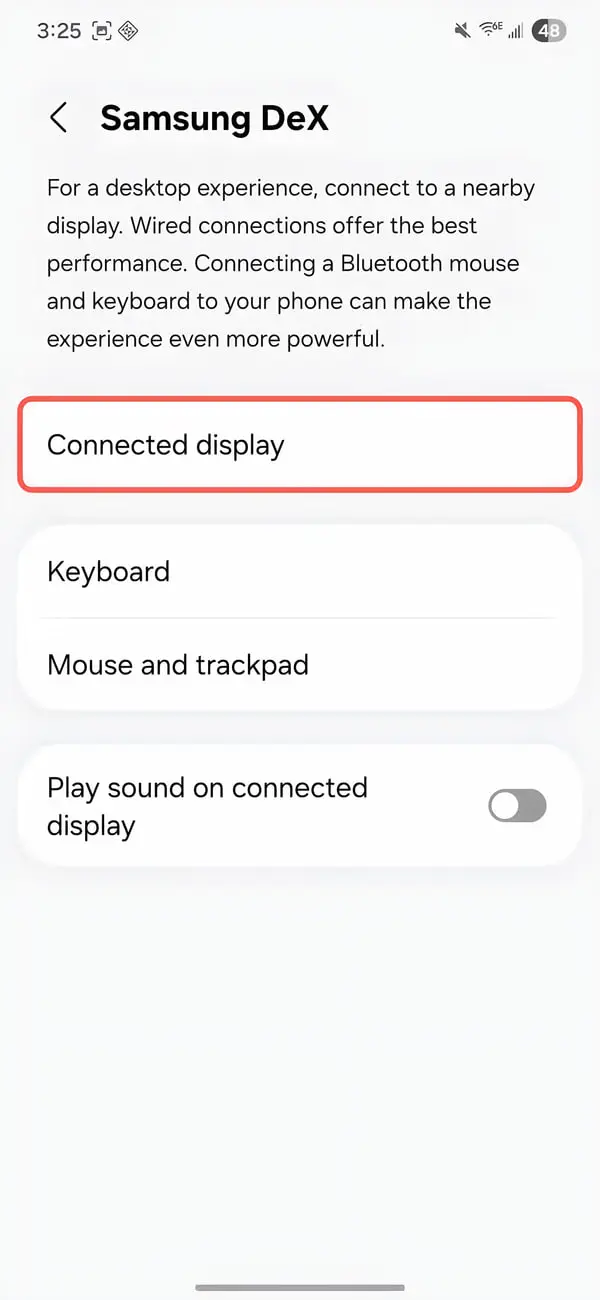 منوی تنظیمات Samsung DeX در گوشی هوشمند برای اتصال به نمایشگر