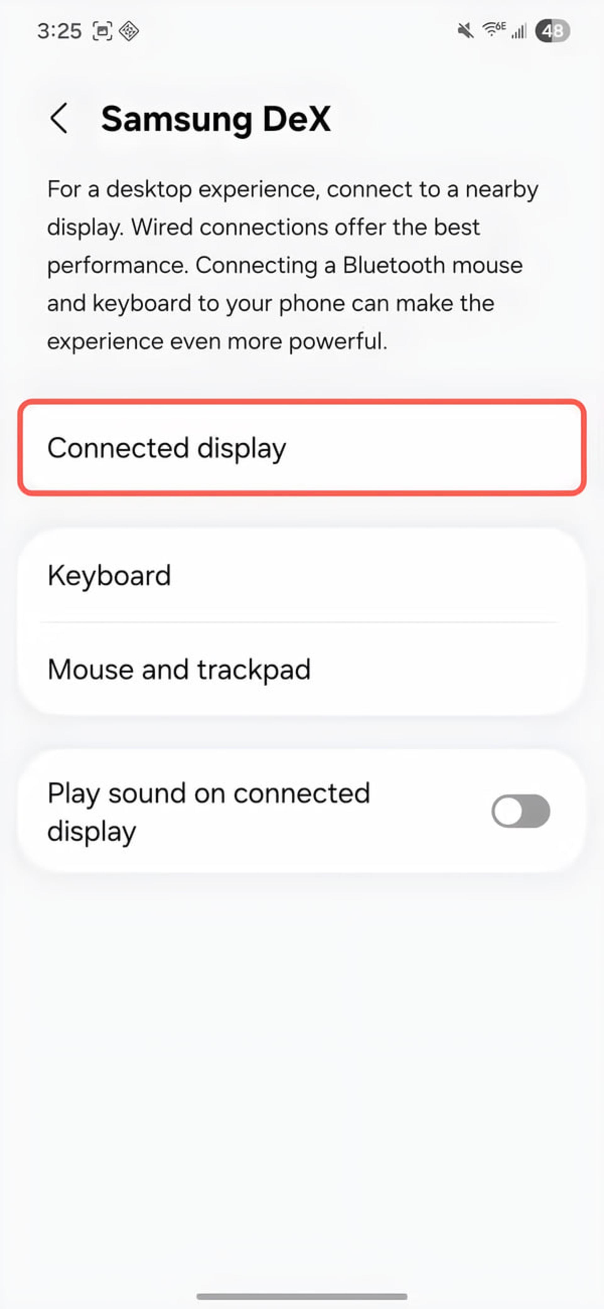 منوی تنظیمات Samsung DeX در گوشی هوشمند برای اتصال به نمایشگر