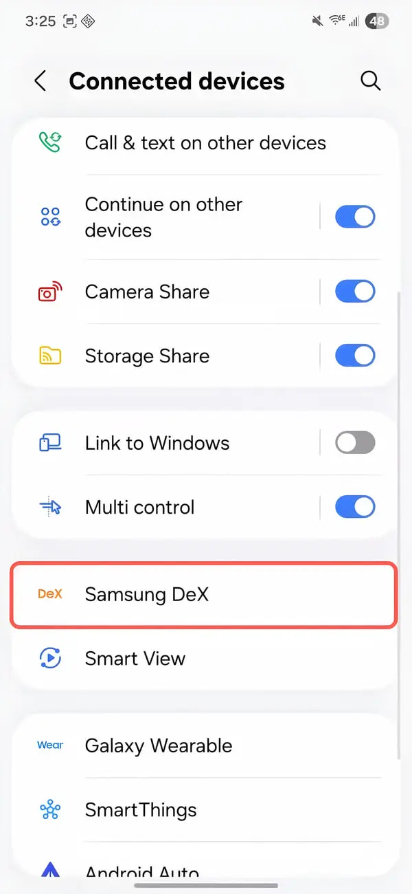 منوی تنظیمات Samsung DeX در بخش دستگاه‌های متصل گوشی اندرویدی