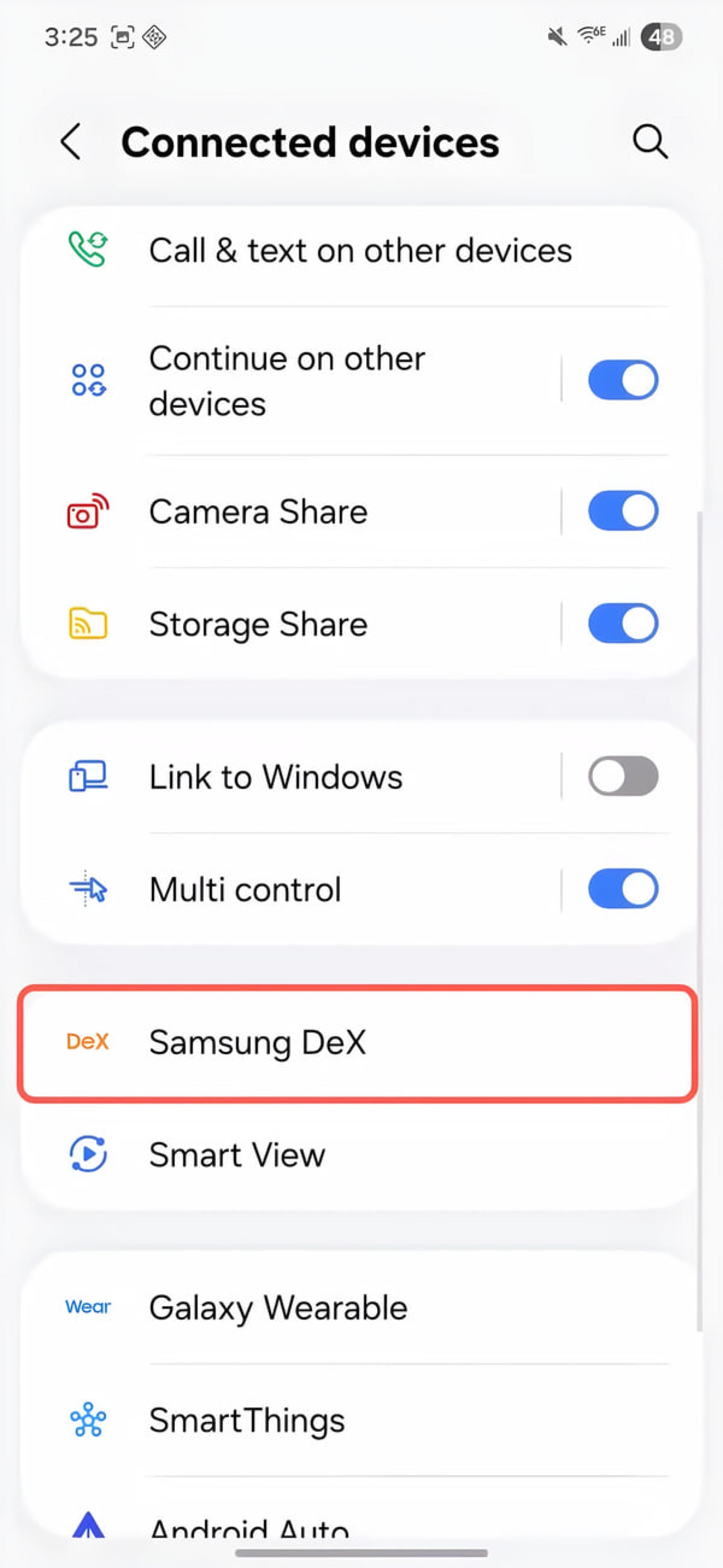 منوی تنظیمات Samsung DeX در بخش دستگاههای متصل گوشی اندرویدی
