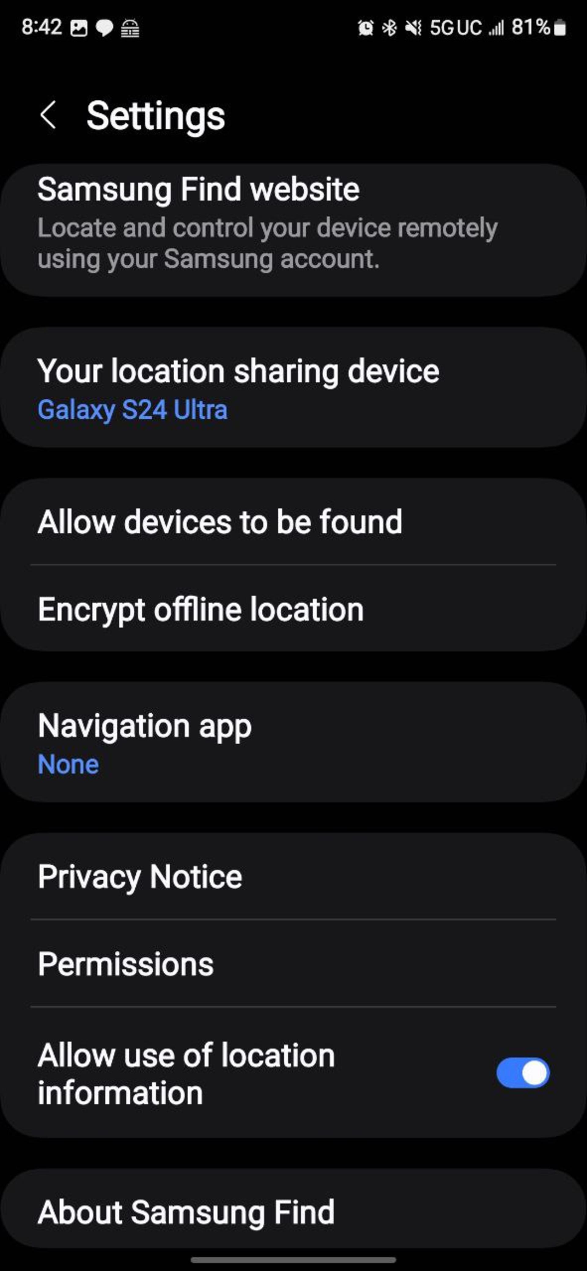 اسکرین‌شات از نرم‌افزار Samsung Find