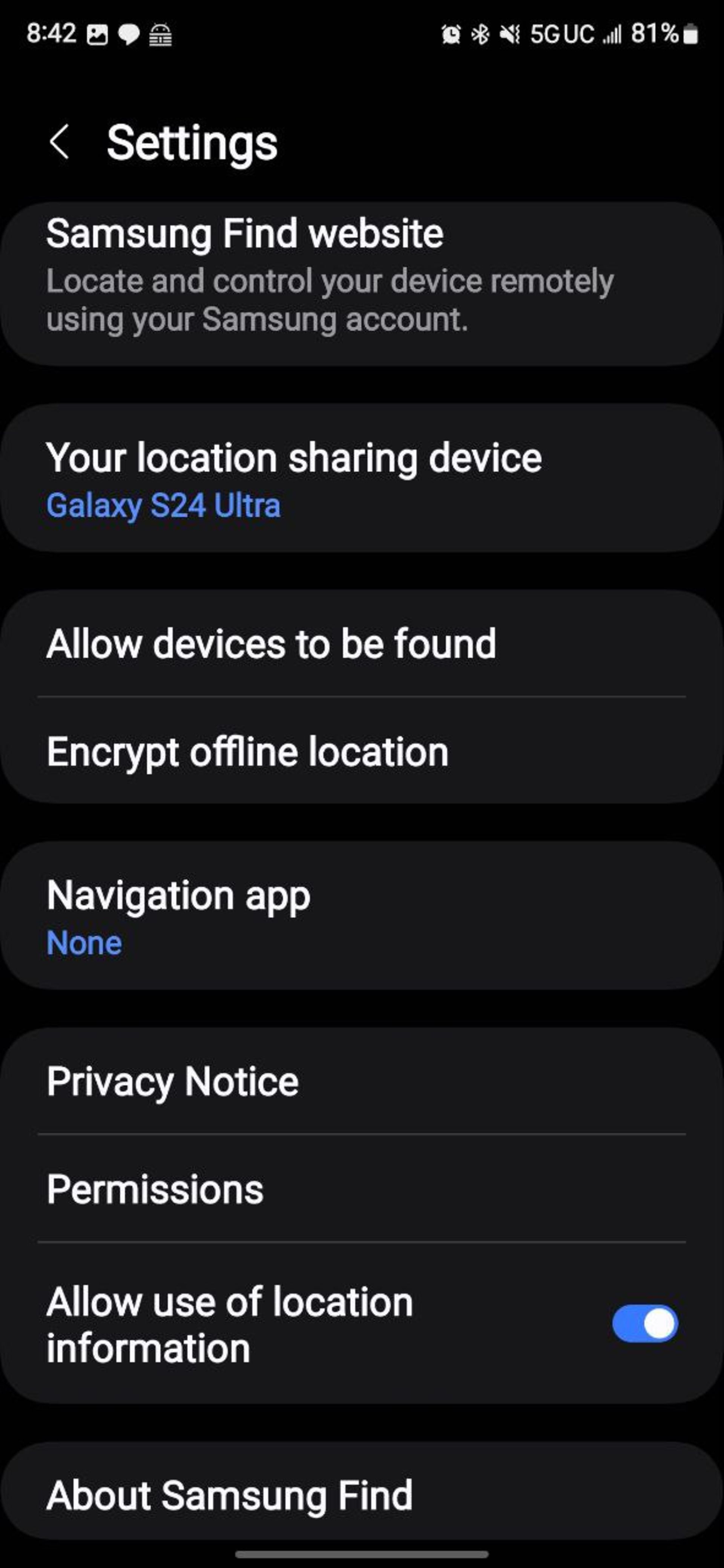 اسکرین‌شات از نرم‌افزار Samsung Find