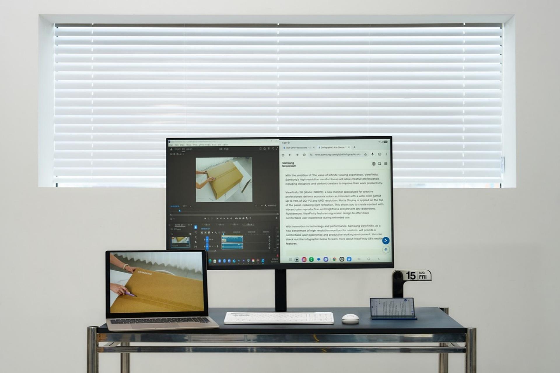مدل ۳۷ اینچی مانیتور ViewFinity S8 سامسونگ کنار گوشی و لپ‌تاپ