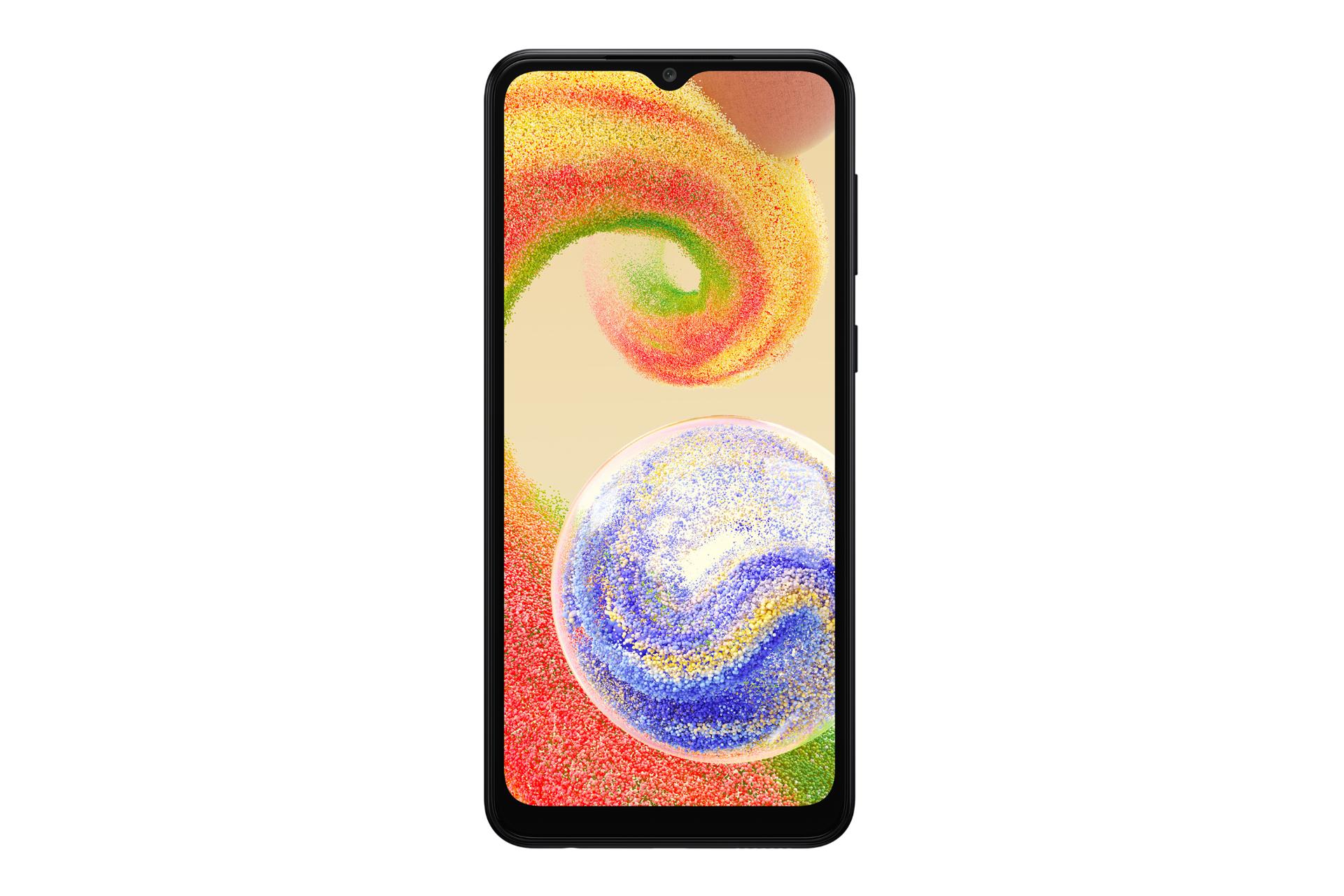 نمای روبه‌روی گوشی موبایل گلکسی A04 سامسونگ / Samsung Galaxy A04 با نمایش حاشیه های نمایشگر و دوربین سلفی رنگ مشکی