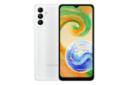نمای کلی گوشی موبایل گلکسی A04s سامسونگ / Samsung Galaxy A04s با نمایشگر روشن و نمایش لوگو و دوربین پشت رنگ سفید