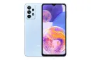 نمای کلی گوشی موبایل گلکسی A23 سامسونگ / Samsung Galaxy A23 با نمایشگر روشن و نمایش لوگو و دوربین های پنل پشت رنگ آبی