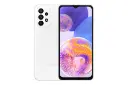 نمای کلی گوشی موبایل گلکسی A23 سامسونگ / Samsung Galaxy A23 با نمایشگر روشن و نمایش لوگو و دوربین های پنل پشت رنگ سفید
