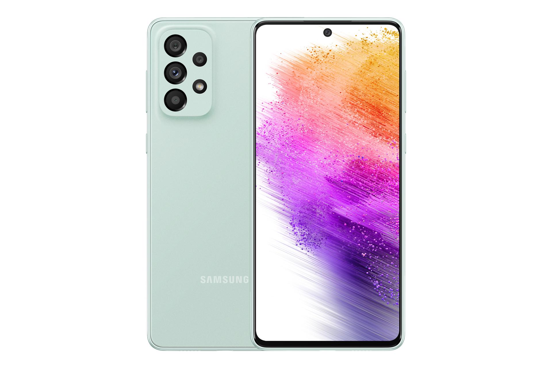 نمای کلی Samsung Galaxy A73 5G / گوشی موبایل گلکسی A73 سامسونگ 5G با نمایشگر روشن و نمایش لوگو و دوربین پنل پشت رنگ سبز نعنایی