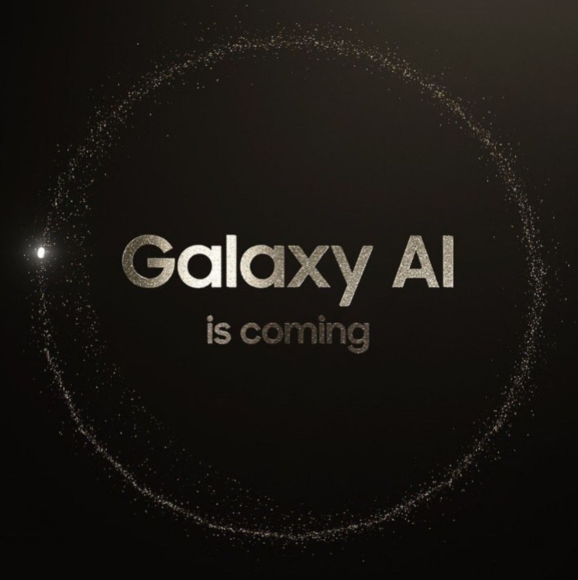 عبارت Galaxy AI Is Coming در داخل یک دایره‌ی طلایی در پوستر سامسونگ