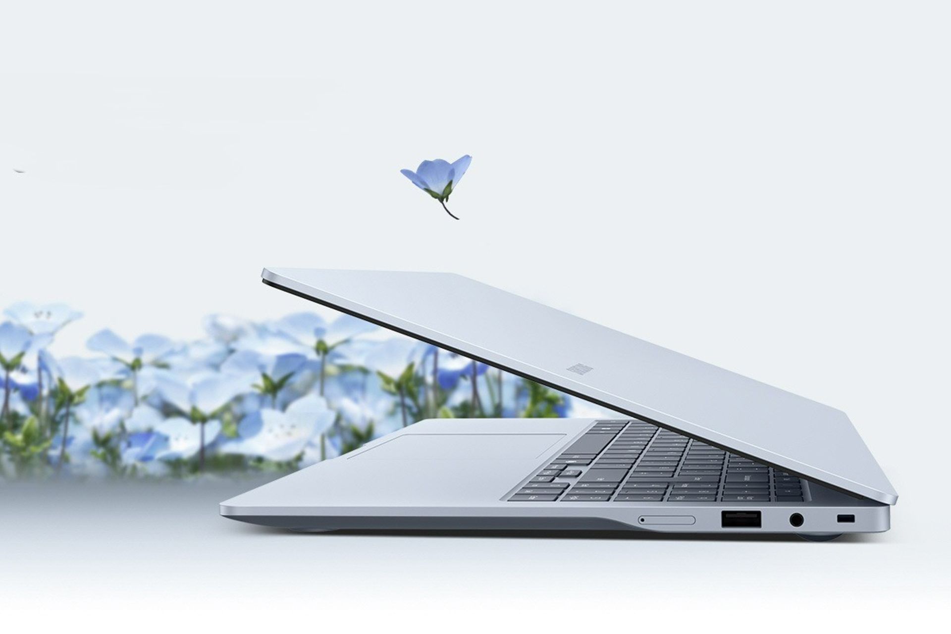 نمای جانبی لپ‌تاپ گلکسی بوک ۵ اج سامسونگ در حالت نیمه‌باز کنار گل