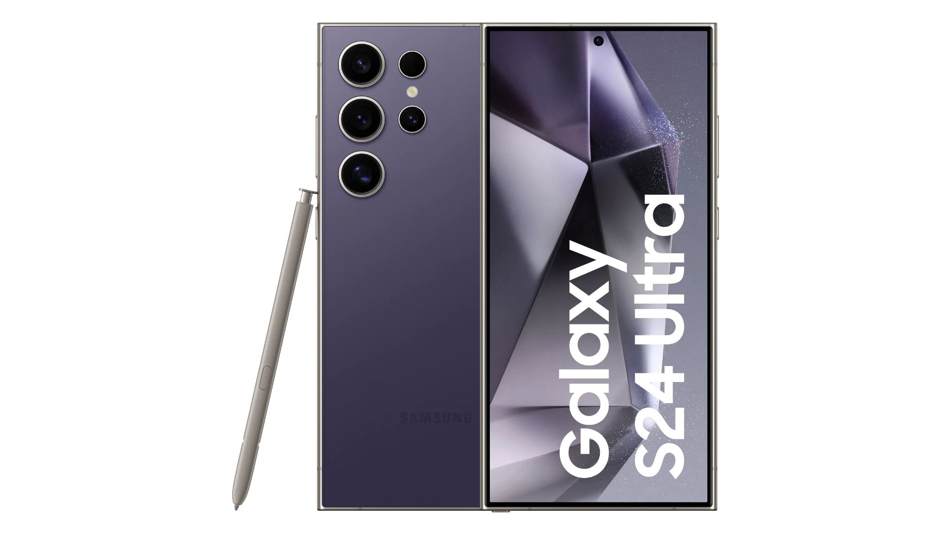 The purple color of Galaxy S24 Ultra from the front and back view with the pen