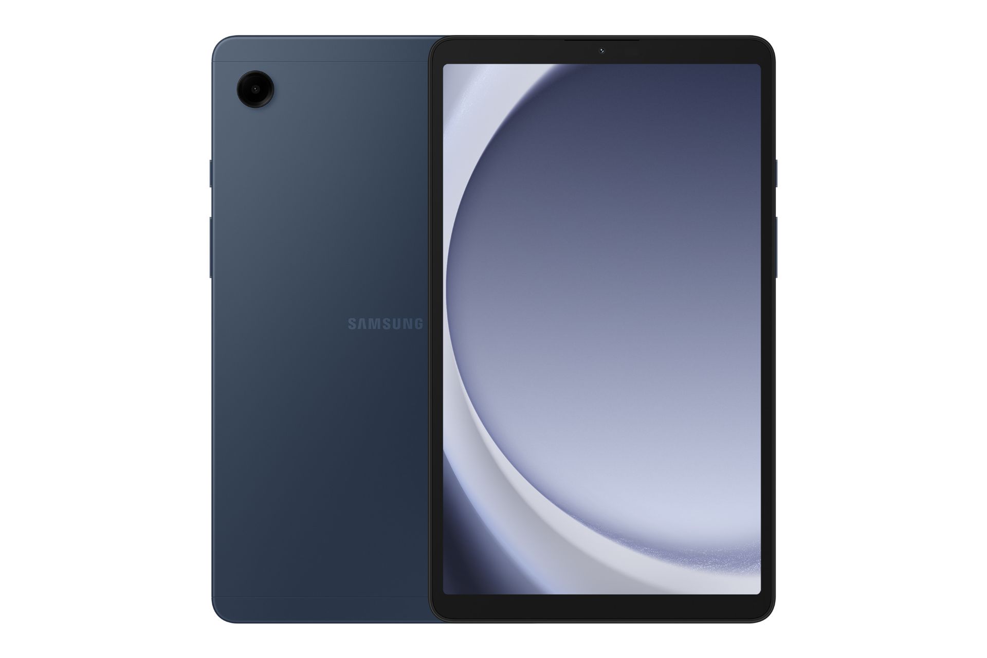 مرجع متخصصين ايران نماي كلي تبلت گلكسي تب A9 سامسونگ / Samsung Galaxy Tab A9 با نمايشگر روشن و نمايش لوگو و دوربين پنل پشت رنگ آبي