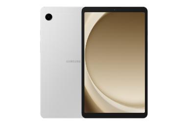نمای کلی تبلت گلکسی تب A9 سامسونگ / Samsung Galaxy Tab A9 با نمایشگر روشن و نمایش لوگو و دوربین پنل پشت رنگ نقره ای