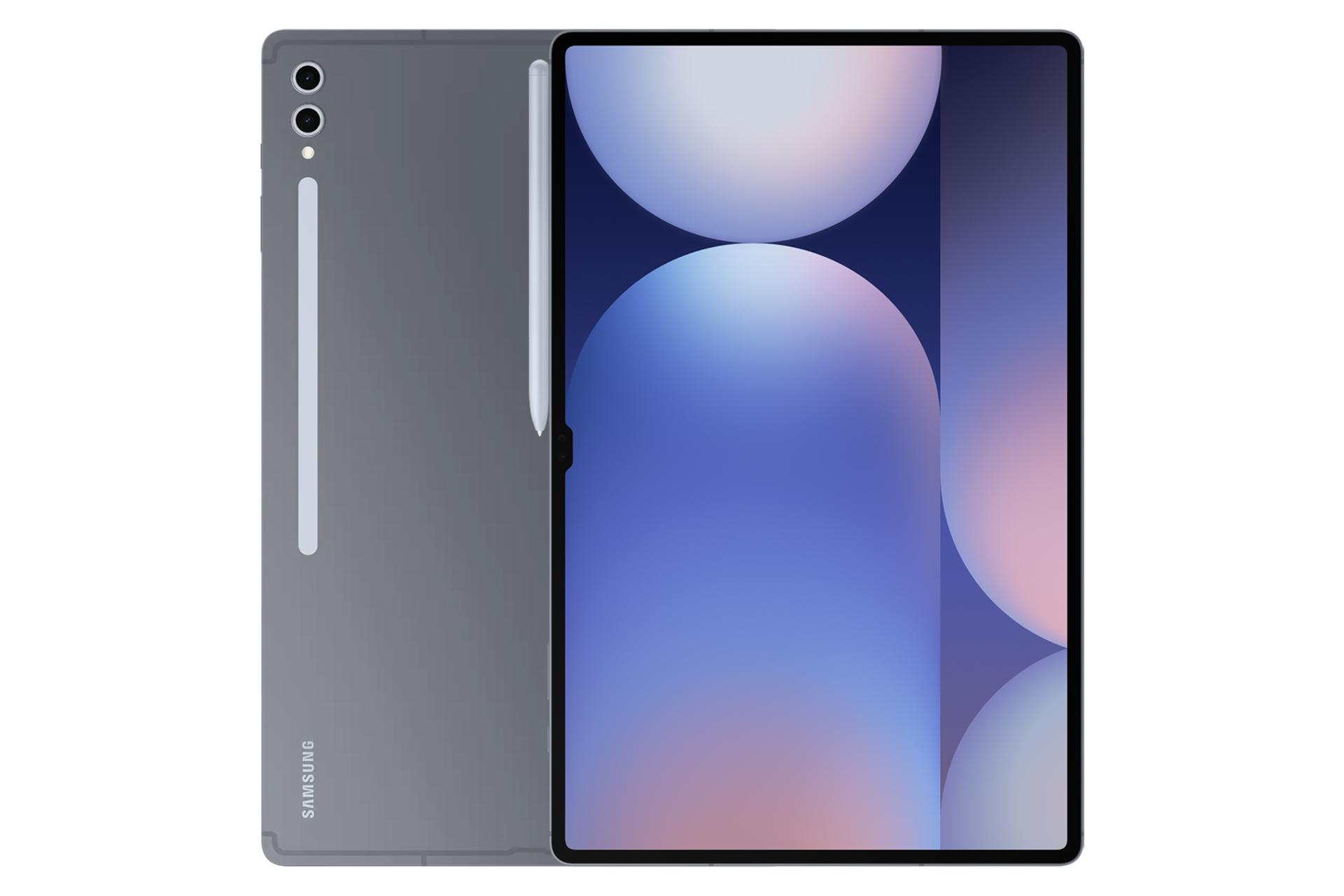 نمای کلی تبلت گلکسی تب اس 10 اولترا سامسونگ / Samsung Galaxy Tab S10 Ultra با نمایشگر روشن و نمایش قلم S Pen، دوربین و لوگوی پنل پشت