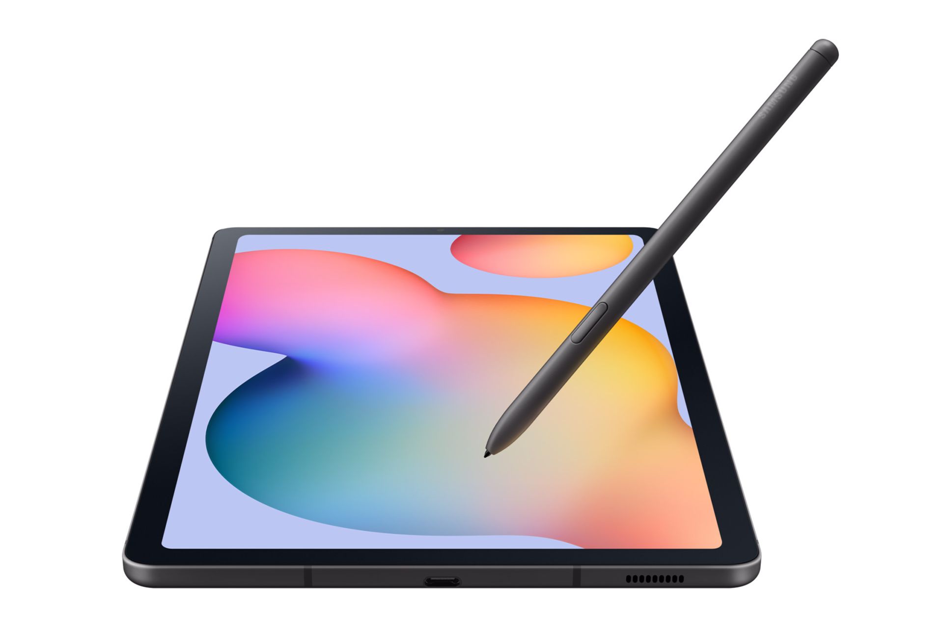 نمای لبه پایین تبلت گلکسی تب اس 6 لایت سامسونگ نسخه 2024 / Samsung Galaxy Tab S6 Lite 2024 با تمرکز بر پشتیبانی از قلم S Pen رنگ خاکستری