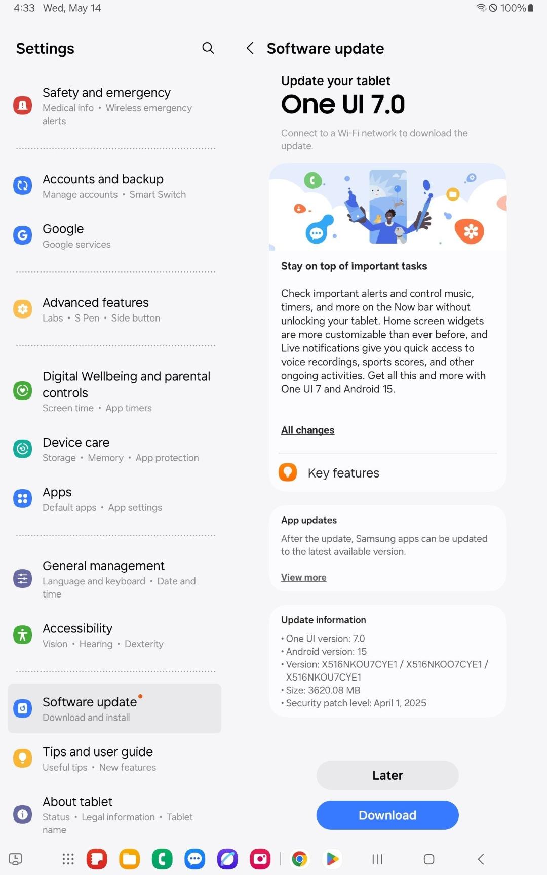 صفحه‌ی آپدیت One UI 7 در گلکسی تب S9 FE