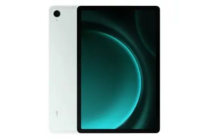 مرجع متخصصين ايران نماي كلي تبلت گلكسي تب S9 FE سامسونگ / Samsung Galaxy Tab S9 FE با نمايشگر روشن و نمايش دوربين و لوگوي پنل پشت