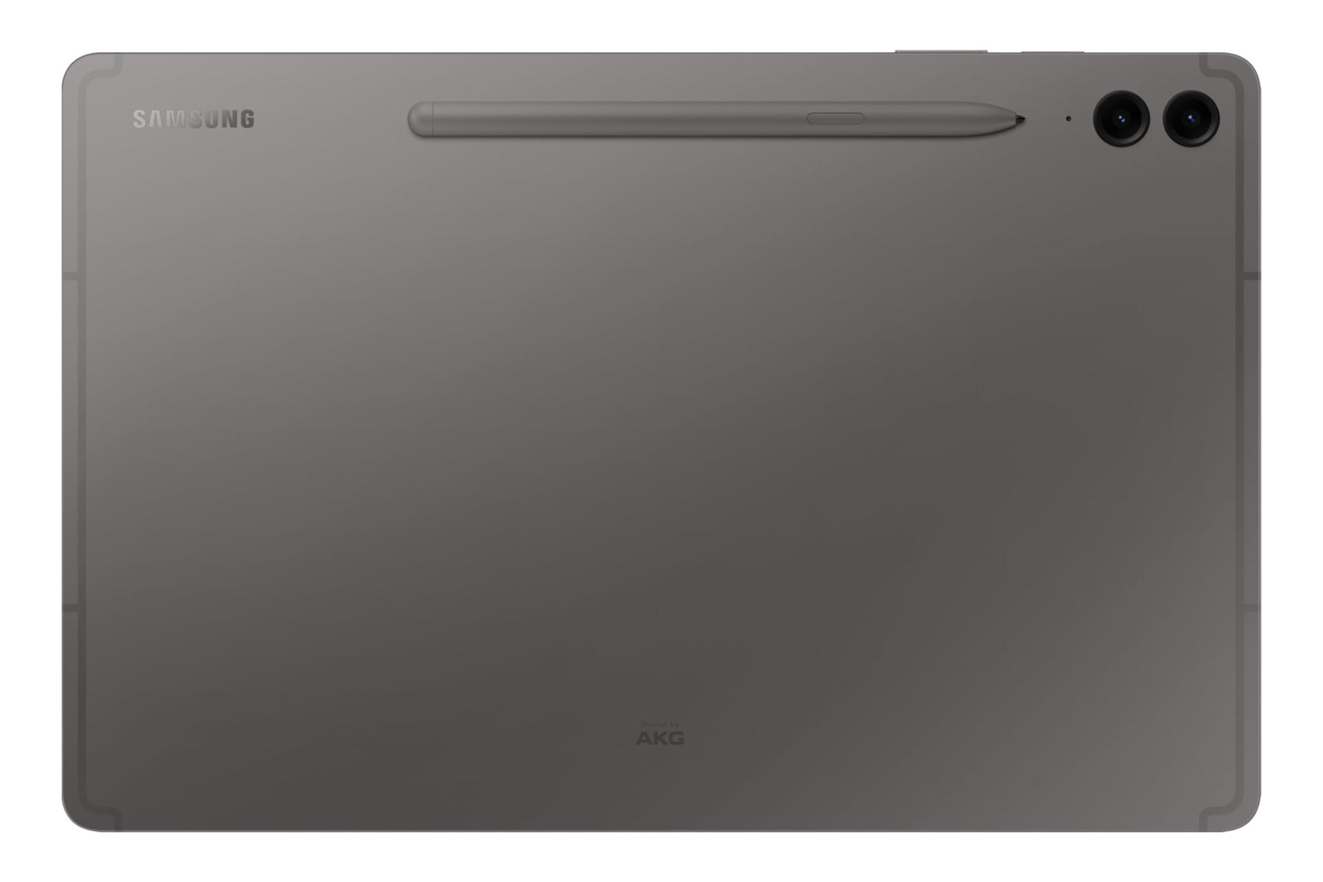 نمای پنل پشت تبلت گلکسی تب S9 FE پلاس سامسونگ / Samsung Galaxy Tab S9 FE Plus با نمایش قلم S Pen، لوگو و دوربین رنگ خاکستری