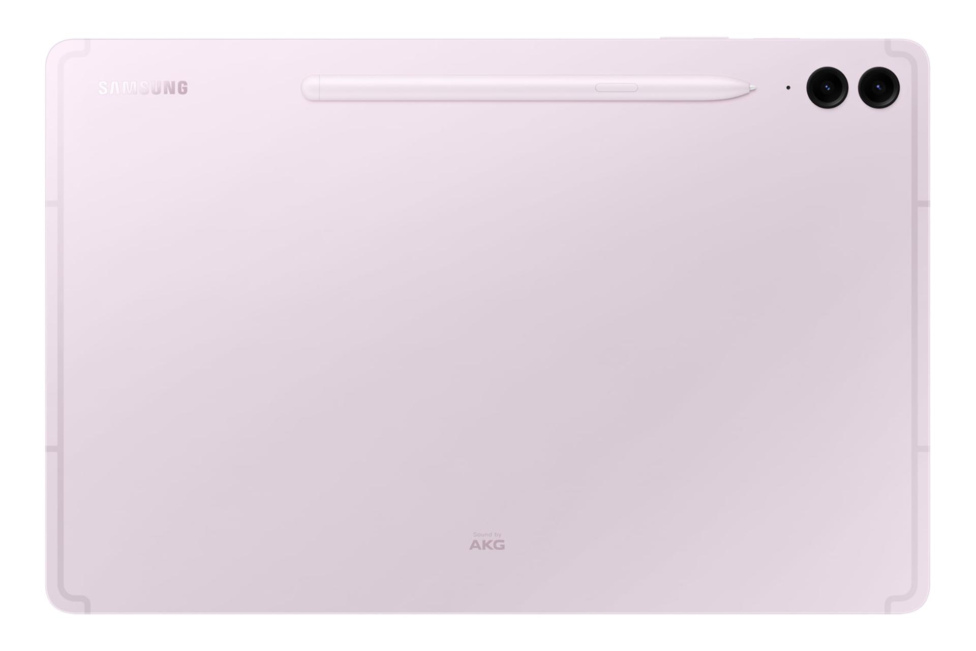 نمای پنل پشت تبلت گلکسی تب S9 FE پلاس سامسونگ / Samsung Galaxy Tab S9 FE Plus با نمایش قلم S Pen، لوگو و دوربین رنگ بنفش