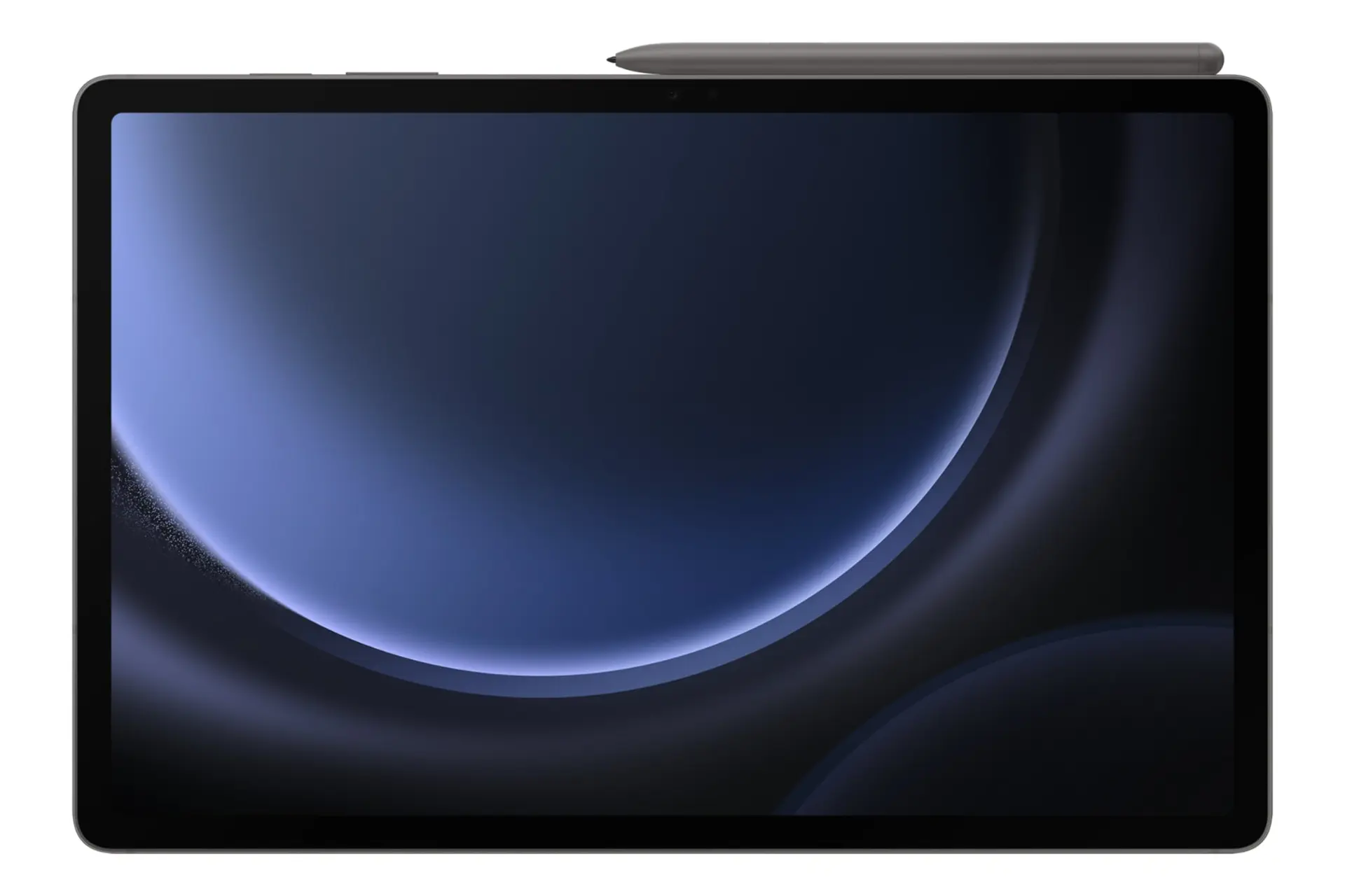 نمای پنل جلوی تبلت گلکسی تب S9 FE پلاس سامسونگ / Samsung Galaxy Tab S9 FE Plus با نمایش حاشیه‌های نمایشگر، محل اتصال قلم S Pen و دوربین سلفی