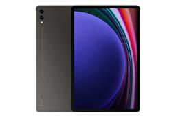 نمای کلی تبلت گلکسی تب اس 9 پلاس سامسونگ / Samsung Galaxy Tab S9 Plus با نمایشگر روشن و نمایش لوگو و دوربین پنل پشت