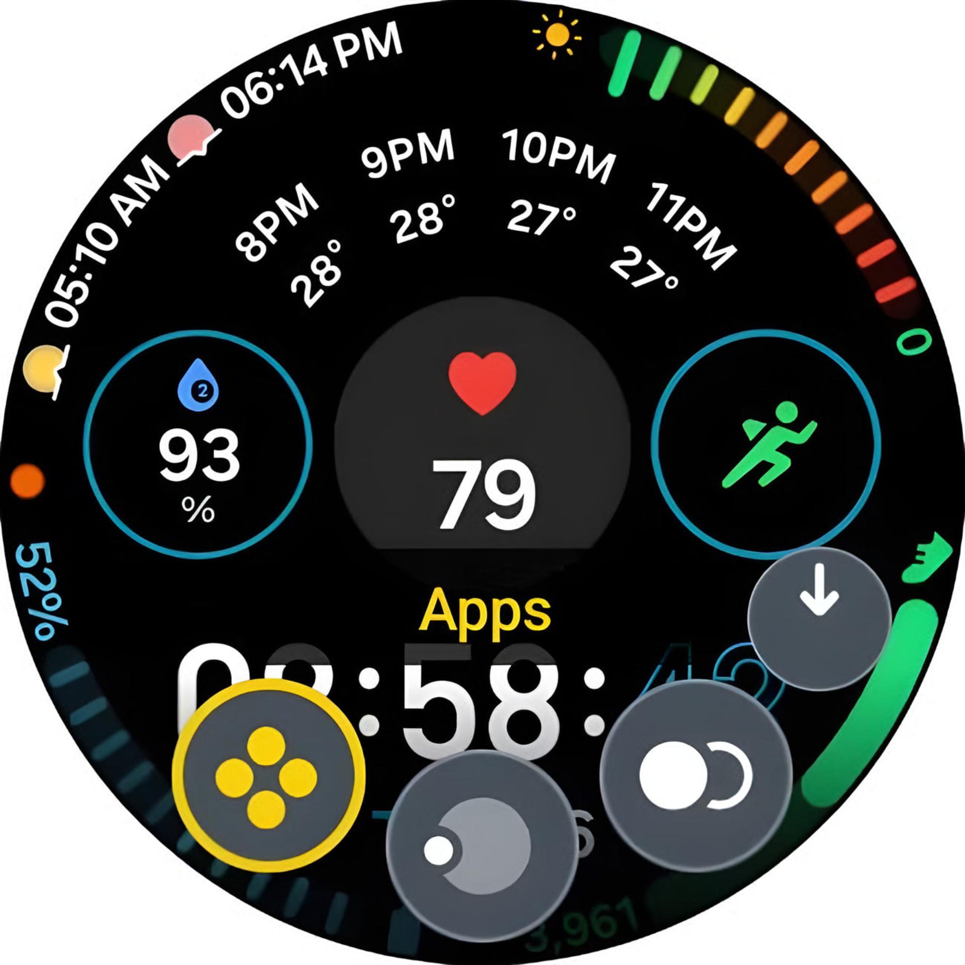 نمای صفحه ساعت هوشمند گلکسی واچ (Galaxy Watch) با نمایش ضربان قلب و وضعیت آب بدن