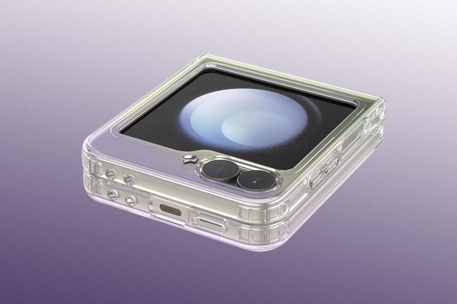 رندر منتسب به گوشی سامسونگ گلکسی زد فلیپ ۶ تاشده پس زمینه بنفش