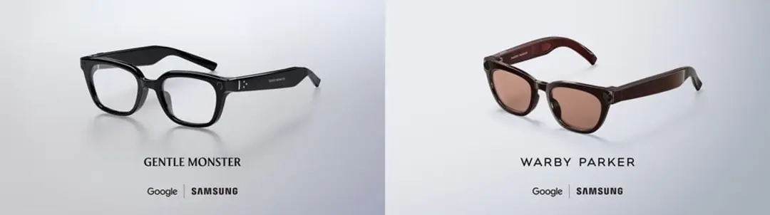 نمای دو مدل عینک هوشمند سامسونگ با همکاری گوگل و برندهای Gentle Monster و Warby Parker روی پس‌زمینه روشن
