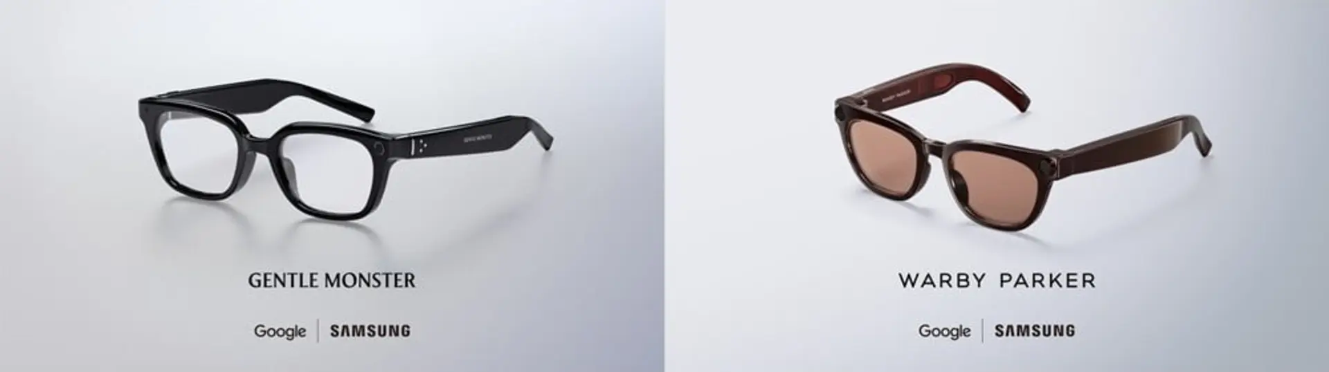 نمای دو مدل عینک هوشمند سامسونگ با همکاری گوگل و برندهای Gentle Monster و Warby Parker روی پس‌زمینه روشن