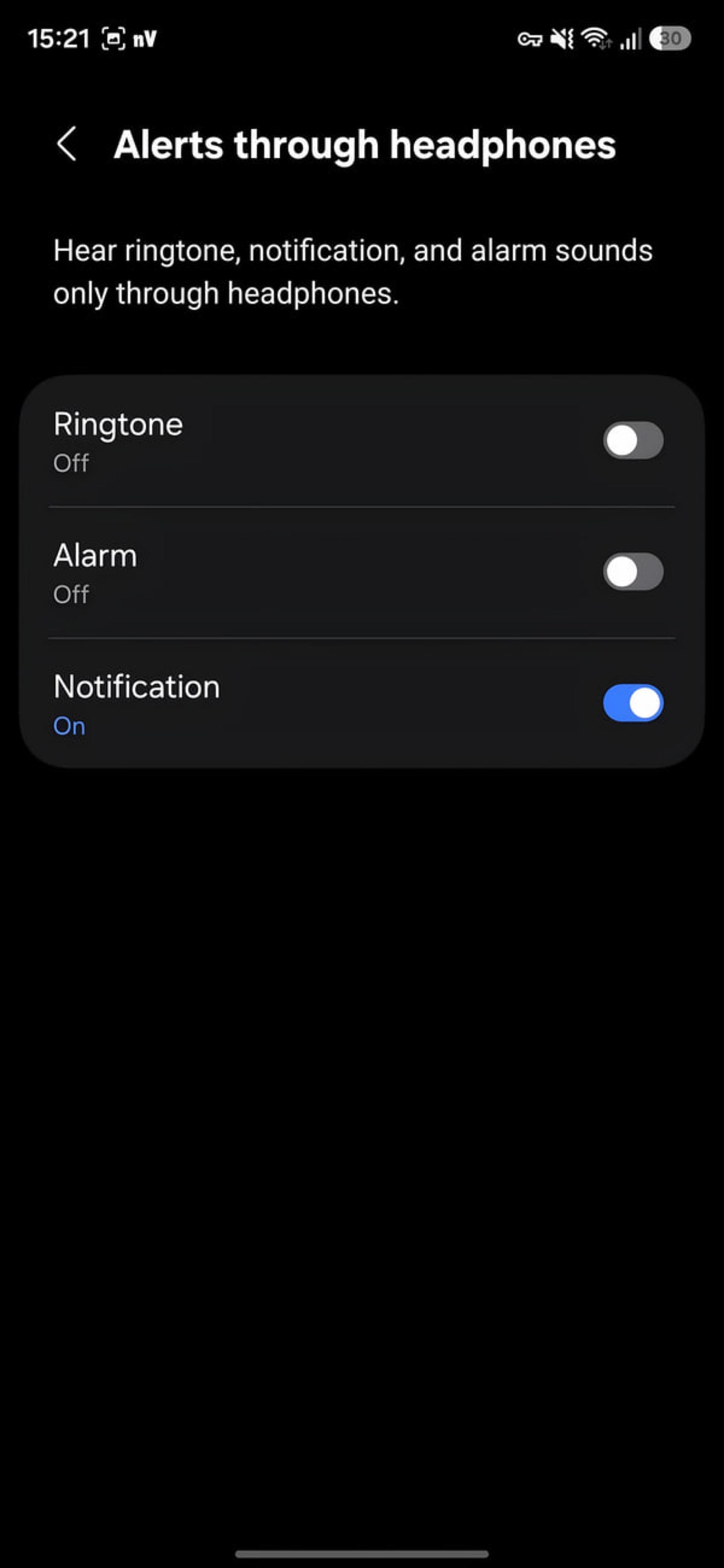 تنظیمات Alerts through headphones در گوشی سامسونگ برای مدیریت صدای زنگ و اعلانها