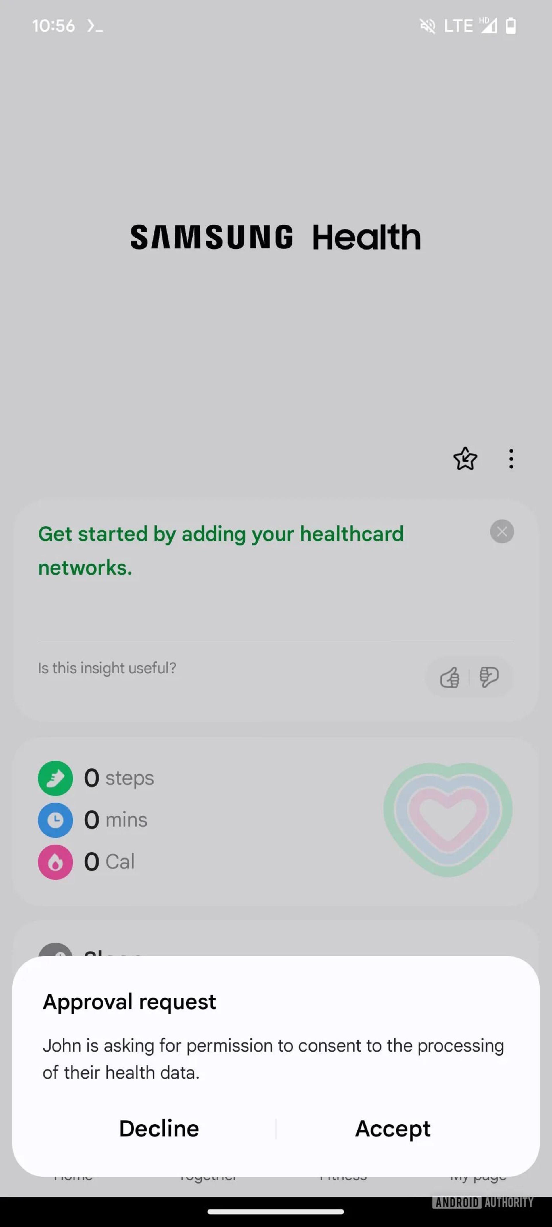 اسکرین‌شات از درخواست برای به اشتراک‌گذاری داده‌های سلامتی با اعضای خانواده در اپلیکیشن Samsung Health