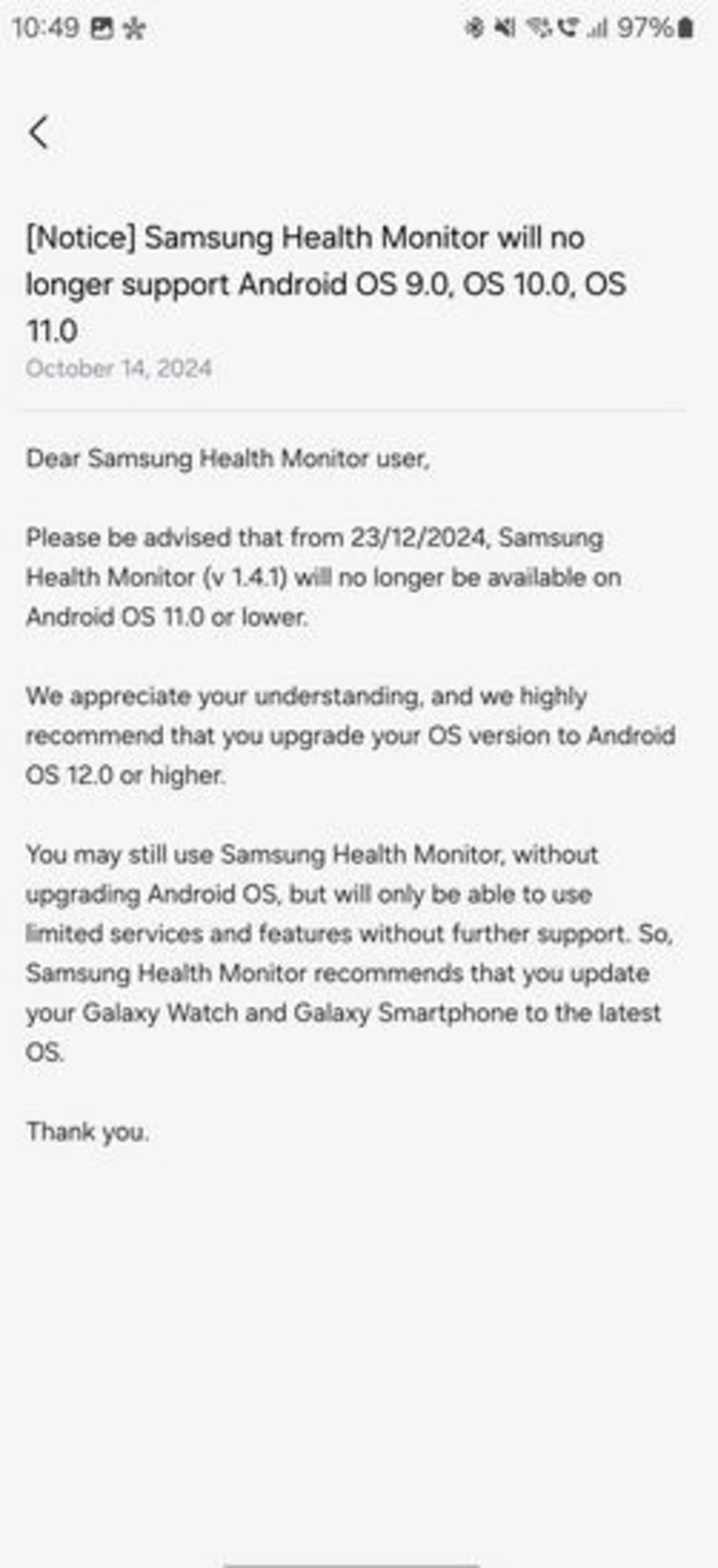 نوتیفیکیشن اپلیکیشن  Samsung Health Monitor