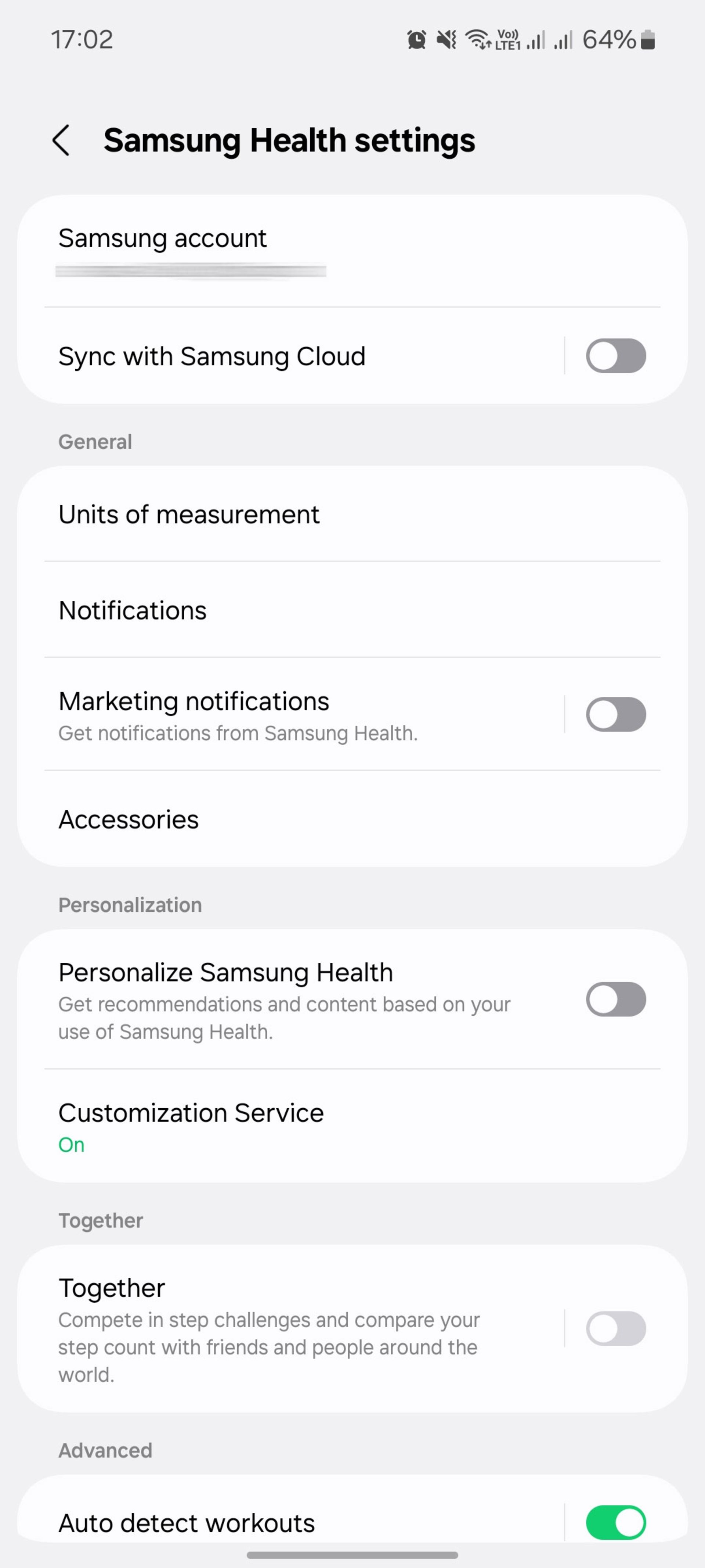 تنظیمات اپلیکیشن Samsung Health