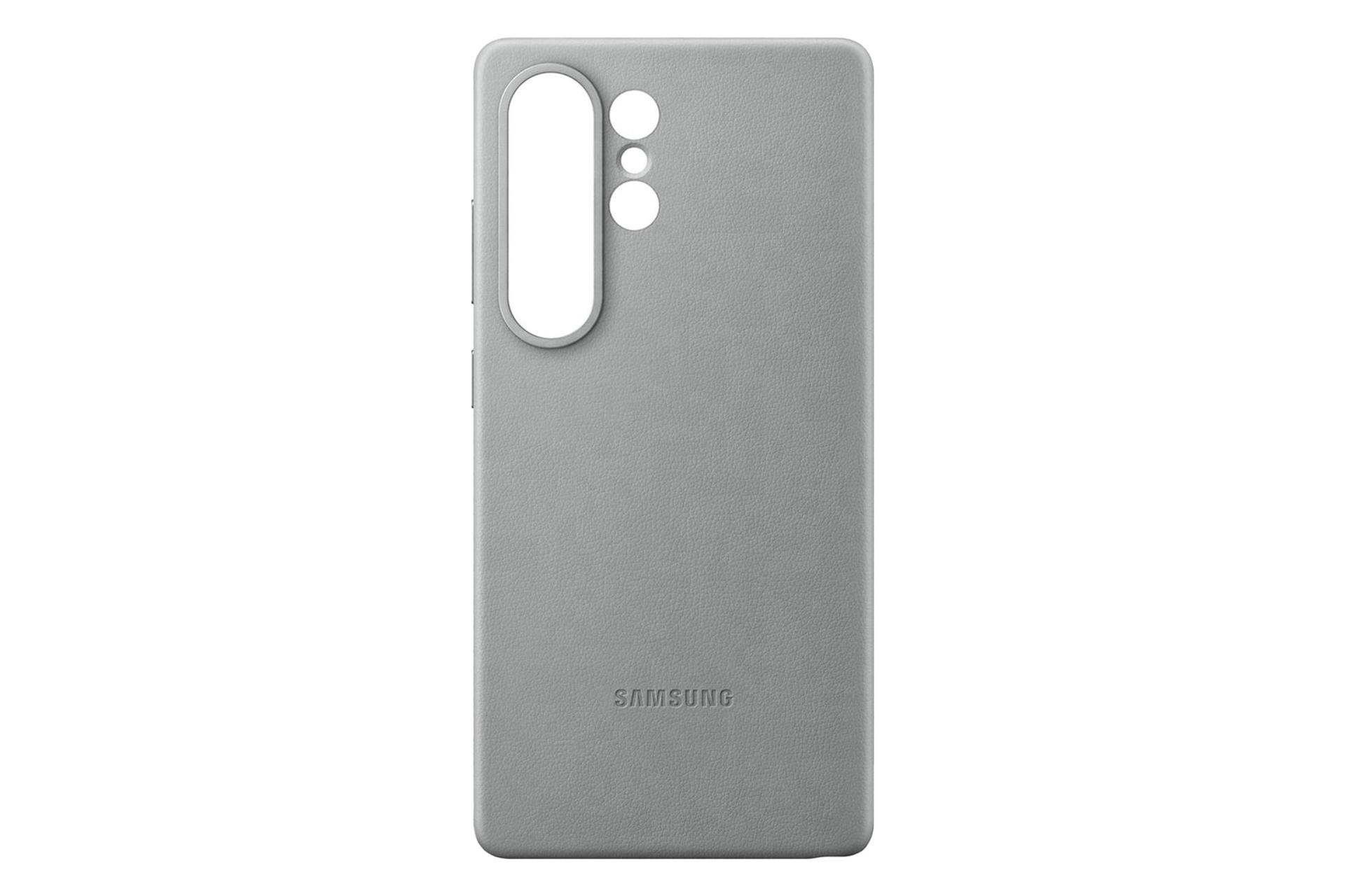 نمای پنل پشت قاب گوشی سامسونگ مدل Kindsuit مناسب سامسونگ Galaxy S25 Ultra با نمایش برش‌های دوربین و لوگو رنگ خاکستری
